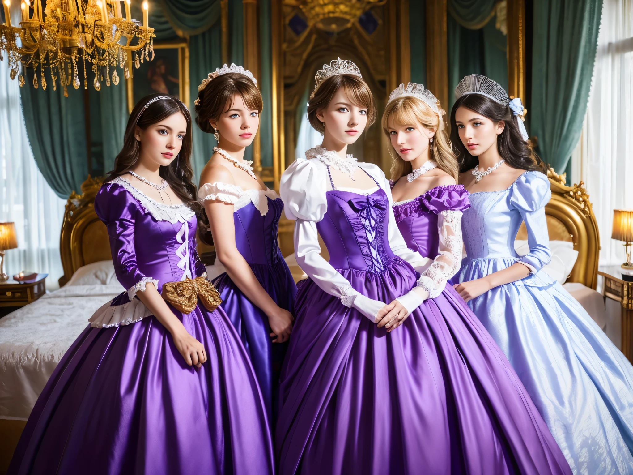 A young low-height girl, extremely detailed youthful face, 3 princesses wearing full-length ball gown dresses with hoop skirts, frilled yoke collar, puff sleeves, long sleeves, ((a luxurious purple princess satin dress with lots of frills and ribbons in a Rococo-style ta-fashion)), glossy satin dress, soft and smooth fabric, luxurious, long blonde hair, blue eyes, white European skin, in pajamas, ((in a bedroom)), luxurious princess canopy frilled bed, highly detailed bed, lying on the bed, high quality background, (best quality,4k,8k,highres,masterpiece:1.2),ultra-detailed,(realistic,photorealistic,photo-realistic:1.37),HDR,UHD,studio lighting,ultra-fine painting,sharp focus,physically-based rendering,extreme detail description,professional,vivid colors,bokeh,portraits,fantasy,fairytale,digital art