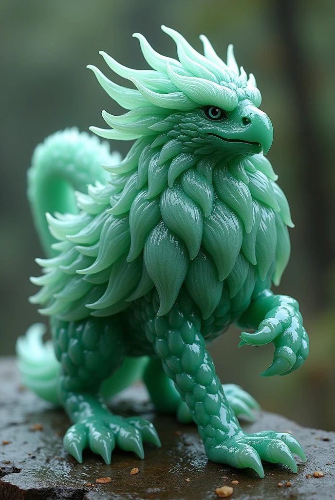 Jade Faucet: A mythical creature with the head and wings of an eagle and the body of a lion, with jade feathers and claws. It has the strength of a lion and the speed of an eagle., able to fly high and observe everything