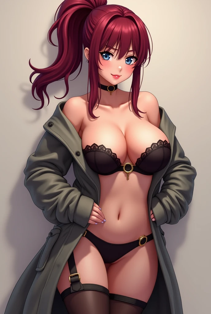 A thicc anime girl with dark red hair in a ponytail, dark blue eyes, and large breasts wearing a trench coat naked under it except for black Stocking and Garter belt flashing the her pink nipples with no bra on and her breast bear to the world