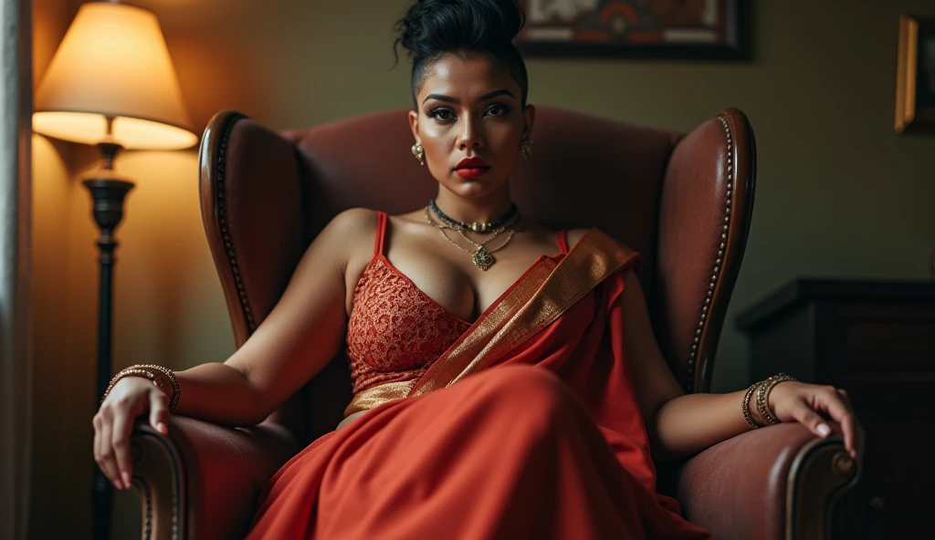 A full-body portrait of wolf cut hairstyle erotic hindu wife, sitting on chair, front facing, 4K, wide angle camera view, super realistic, huge breast, super big fake lips red lipstick super delicious body saree bra sexy body, full body