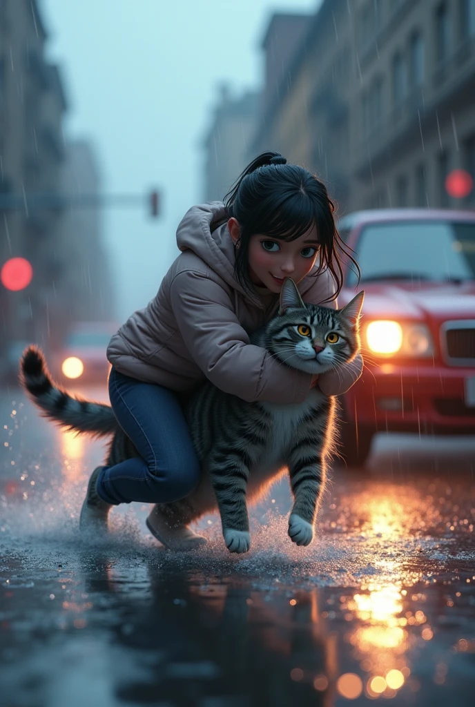 A gray tabby cat in the rain and a woman saves him from being run over animated