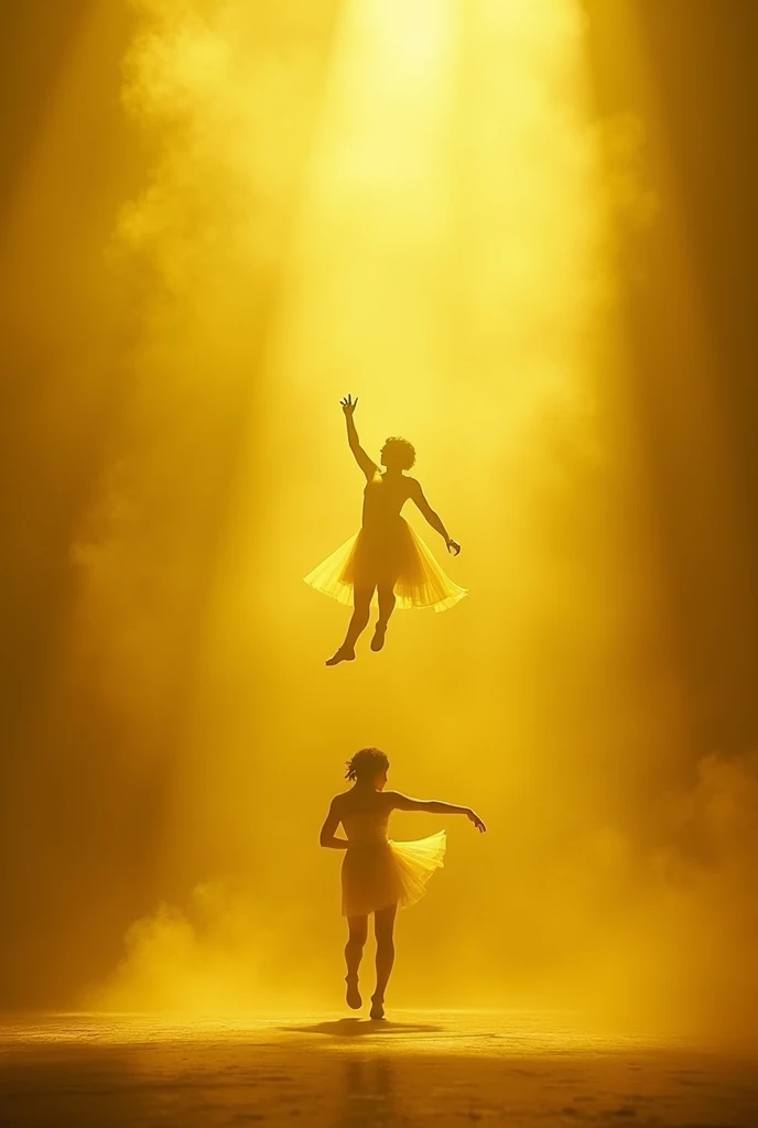 a Shakespeare stage play, yellow mist, atmospheric, set design by Michel Crête, Aerial acrobatics design by André Simard, hyperrealistic, 4K, Octane render, unreal engine, –ar 9:16 –uplight