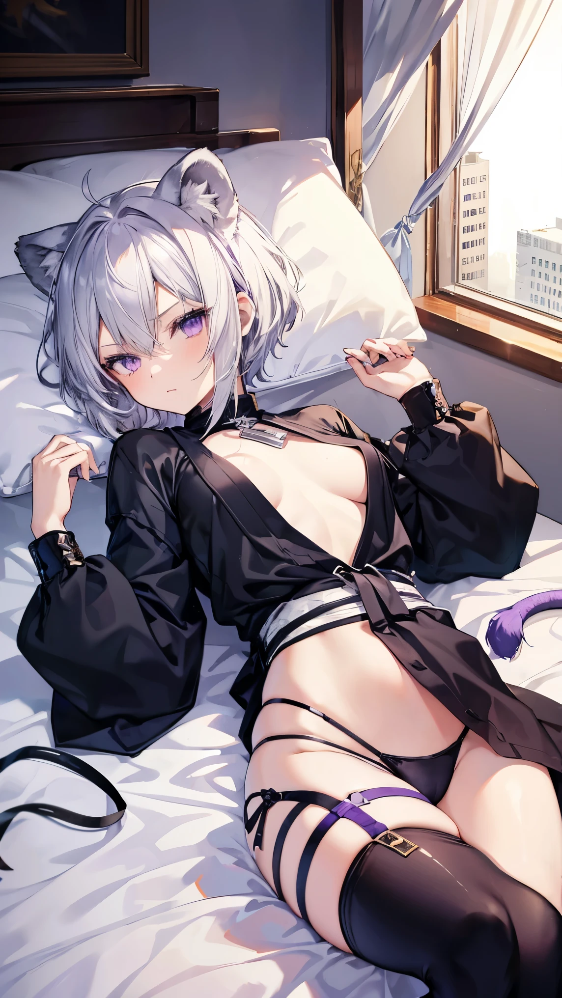 ,Highest quality,Silver Hair,Lion tail,Lion ears,Purple Eyes,Very short hair,Straight Hair,Flat breasts,Slanted Eyes,Ninja,Bedroom,On the bed,slender,