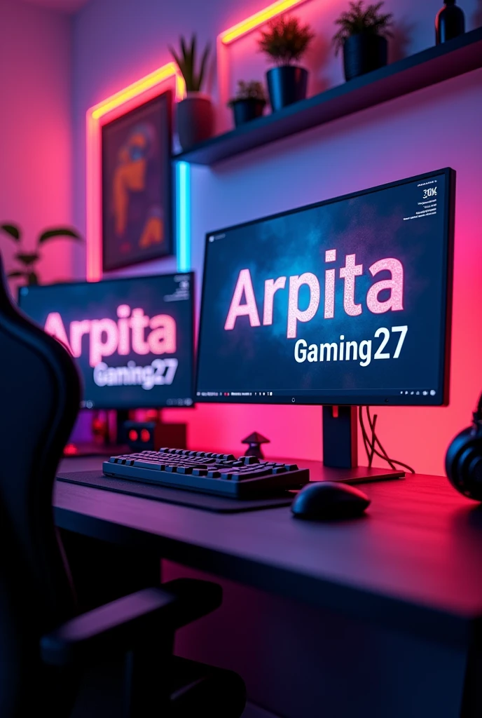"A modern and vibrant gaming studio setup. The scene features a computer monitor prominently displaying the YouTube channel name 'Arpita Gaming27' in bold text, with a subscriber count of '30k subscribers' clearly visible below it. The studio is equipped with a sleek gaming desk, an ergonomic gaming chair, and multiple high-resolution monitors. Colorful LED lights illuminate the room, creating an energetic and high-tech ambiance. The background includes gaming accessories like a gaming keyboard, mouse, headset, and a microphone, enhancing the professional feel of the setup. The atmosphere conveys the success and popularity of the gaming channel." YouTube subscriber Is showing 30k with 21 years girl