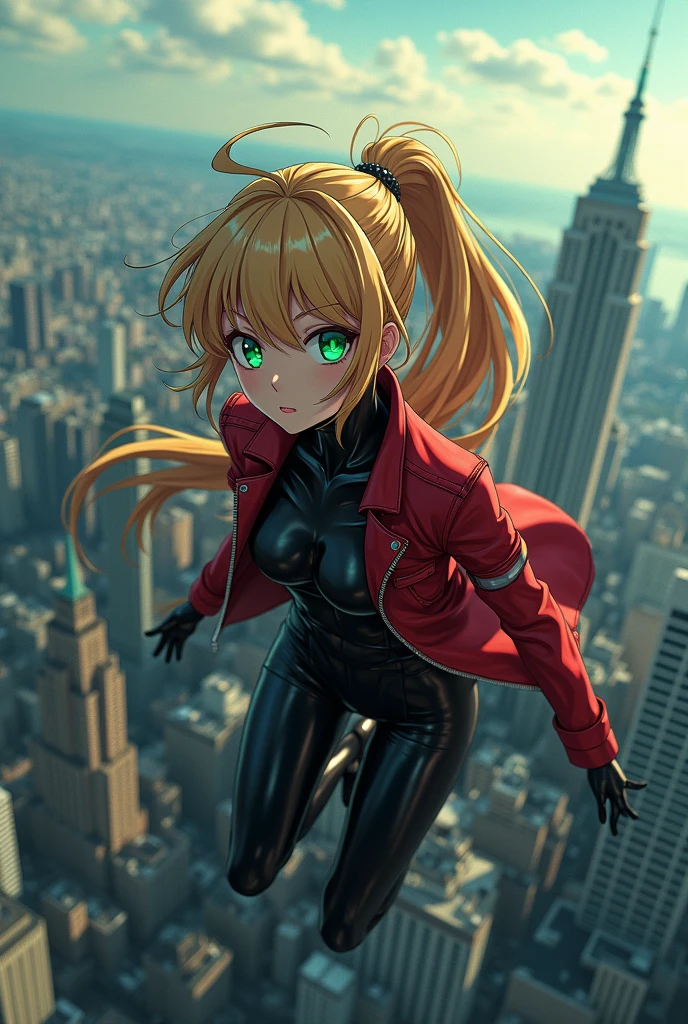 The image is anime style cowboy bebop and Darker than black with shadows and dim lights, anime style although somewhat adult and dark, It shows a single female android soaring through the skies high above a large city., She has long blonde hair, gathered in a ponytail, green eyes, He wears a red jacket and a black latex suit, His full body can be seen in the distance, it is day, It's 11 am