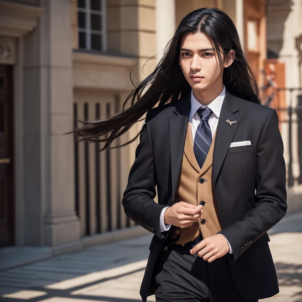 a tall handsome black-haired high school boy in school uniform with piercings, detailed facial features, beautiful eyes, refined facial structure, elegant posture, intricate school uniform, shiny black hair, dynamic pose, detailed background environment, (best quality,4k,8k,highres,masterpiece:1.2),ultra-detailed,(realistic,photorealistic,photo-realistic:1.37),cinematic lighting,dramatic shadows,vibrant colors,intricate details,digital painting,concept art