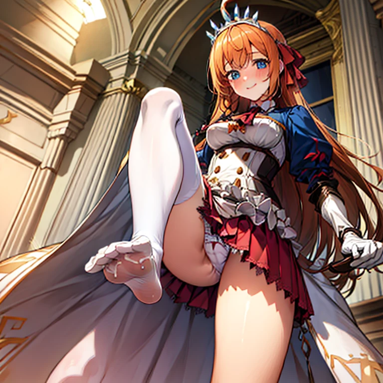 FFA, from below , leg up , sole , feet , looking at viewer ,aapeco, very long hair, ahoge, braid, tiara, hair ribbon, red ascot, cleavage, shrug (clothing), shoulder armor, white dress, short sleeves, white gloves, pleated skirt, red skirt,A seductive smile, Blushing, (Highest quality), Lace panties,(Sole),(Cum on tights),High resolution, 