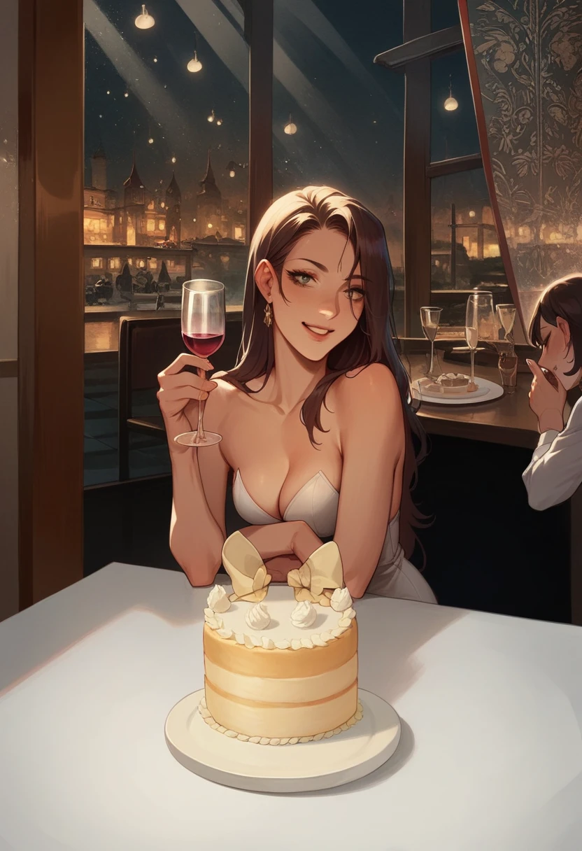 woman sitting at a table with a birthday cake and a glass of wine, she is about 20 years old, she is about 2 0 years old, 1 girl, celebrating a birthday, 1, she is about 2 , 1 , she holds a glass of wine, 2, with a drink