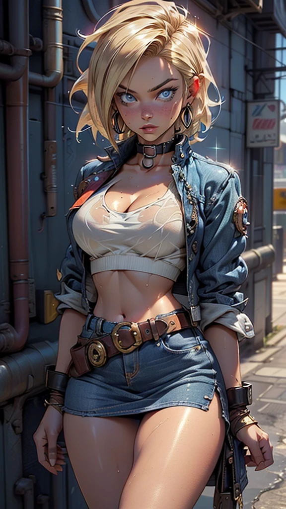 (((Android-18 from Dragon Ball Z))),Android 18,girl,(((1girl))),

(large breasts:1.4),saggy breasts,(((very straight short blonde hair,))),(((blue_eyes:1.3))),intricate eyes,beautiful detailed eyes,symmetrical eyes,big eyes:1.3,((fat)),(((lustrous skin:1.5,bright skin: 1.5,skin tanned,shiny skin,very shiny skin,shiny body,plastic glitter skin,exaggerated shiny skin,illuminated skin,wet legs))),(spider lower abdomen,narrow waist,wide hip,athletic body,inflated legs, thick thighs,detailed body,(detailed face)),big ass, thick thighs, slim curves,   good anatomy,thick legs,

cute,slutty,seductive,erotic,(nsfw),stern facial expression,frown

((wearing a blue denim jacket and a shirt cropped white, open denim jacket,open clothes,open jacket,cleavage,collar bone,crop top)),((long sleeves,white sleeves,striped sleeves)),(midriff,navel),belt,(((blue jean skirt lifted,blue skirt,miniskirt))),,earring,

(dynamic pose:1.0),solo focus,,(centered,scale to fit dimensions,Rule of thirds),

((steampunk,industrial revolution)),scenery:1.25,((intricate scenery)),((steampunk, background)),

(Glossy steampunk ornaments),highres,sharp focus,(ultra detailed,extremely detailed),(photorealistic artwork:1.37),(extremely detailed CG unity 8k wallpaper),(((vibrant colors,vibrant theme))),(intricate),(masterpiece),(best quality),artistic photography,(photography taken by sldr),(intricate background),perfect rendered face,perfect face details,realistic face,photo realistic,((intricate detail)),(((realism))),