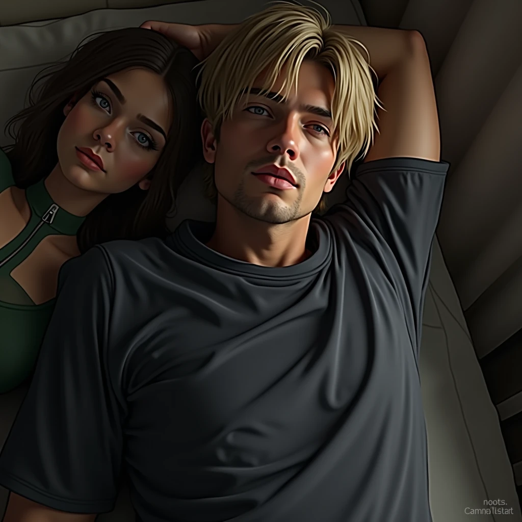 1 man, young man, 2, Leon S. Kennedy from the movie "Resident Evil 4", Eudard Badaluta's face, solo, Dark blonde hair, Curtain hairstyle, navy t-shirt, lying on the bed, sporty, volumetric lighting, depth of field.
1 woman, young woman, beautiful, curvy but slim figure, long dark brown hair, blue eyes, green dress with 3/4 zip, lying on bed.