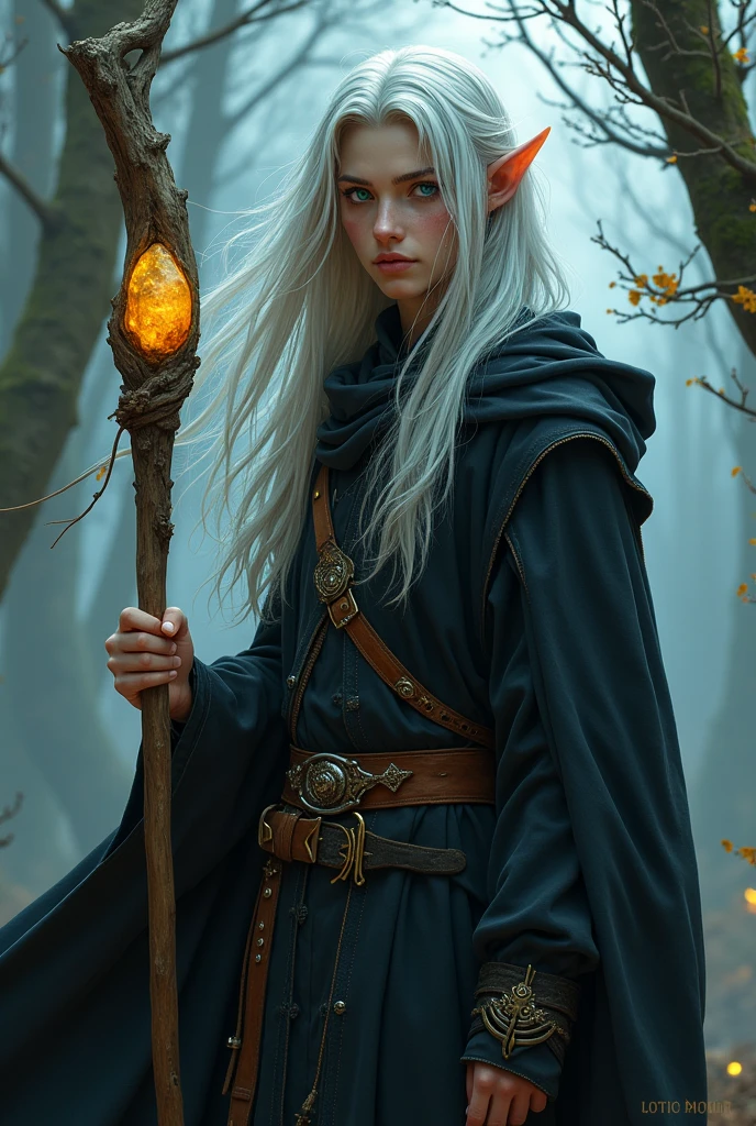 Elf man 25 years with white long hair. On the front side his hair we see little black streak. One of his eye was blue, second was yellow. He wear black coat with hood. He have wooden staff with magic rock and beld bag.