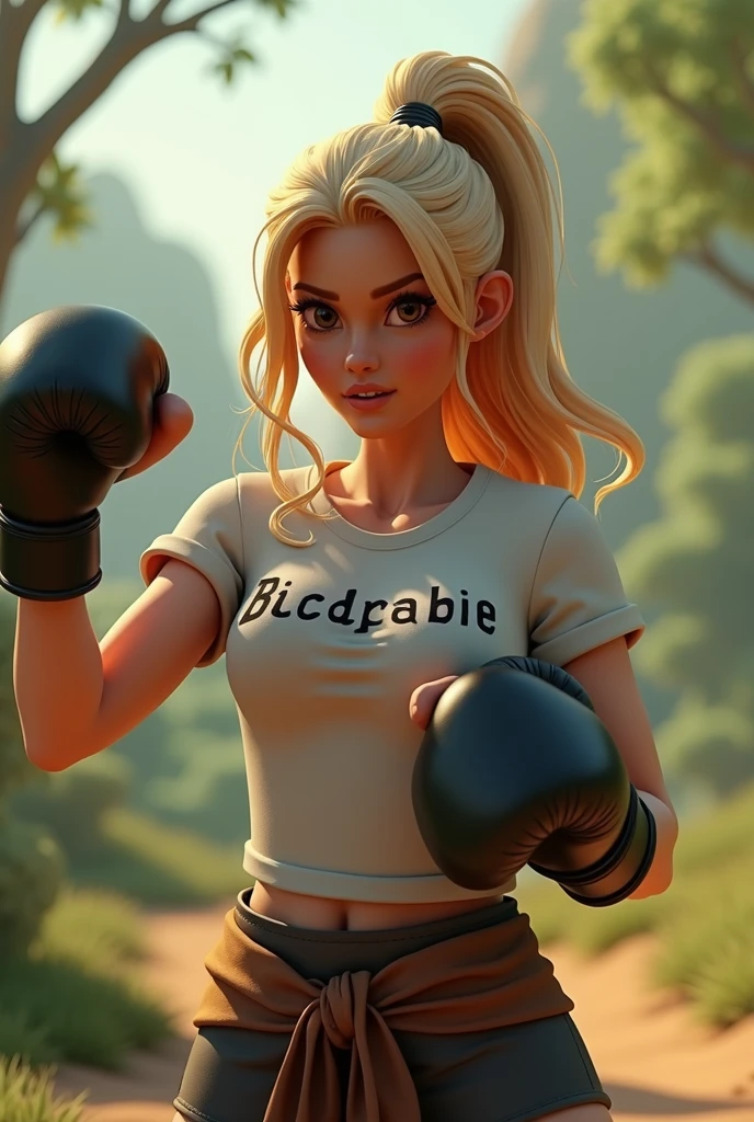 blonde woman, long hair, rabo de cavalo, cabelo longo e ondulado, hair tied up, brown eyes, fighting stance with black boxing glove, t-shirt that says " BARBIE DO RINGUE", in a landscape in a landscape animação 3D (alta qualidade)