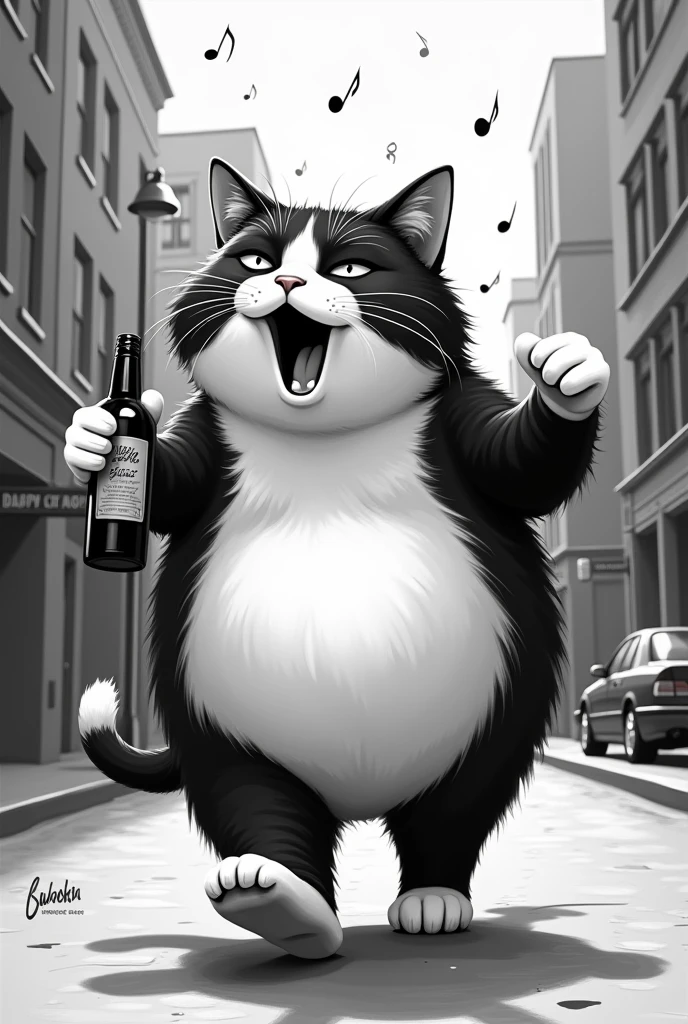 A black and white chubby cat with a bottle of alcohol is happily walking down the street drunkenly singing music