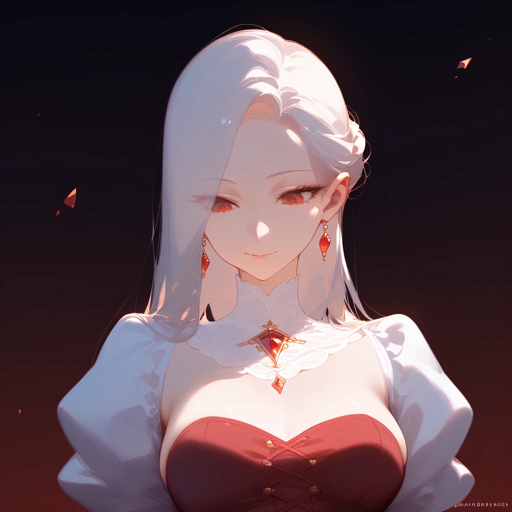 White long hair, face looking down, Wearing an elegant white shirt, Wearing a white jabot around the elegant neck, wearing gloves, perfect face, straight hair, Perfect slim body beautiful background Body leaning on the white fence of the elegant palace, background of the elegant palace room, A faint smile flowing back elegantly, the camera position of the body is seen from above the head. Red eyes The background is identical to the spooky broken glass cupboard table, Red carpet, Character half body image, Tight red skirt using black and red corset
