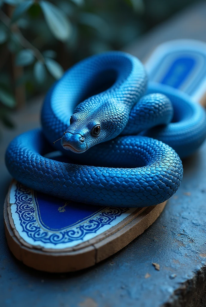  a blue and white cruel snake seating on blue and white sandal 