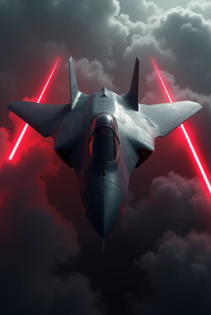 Generate an image of a black stealth plane which is firing red lasers.