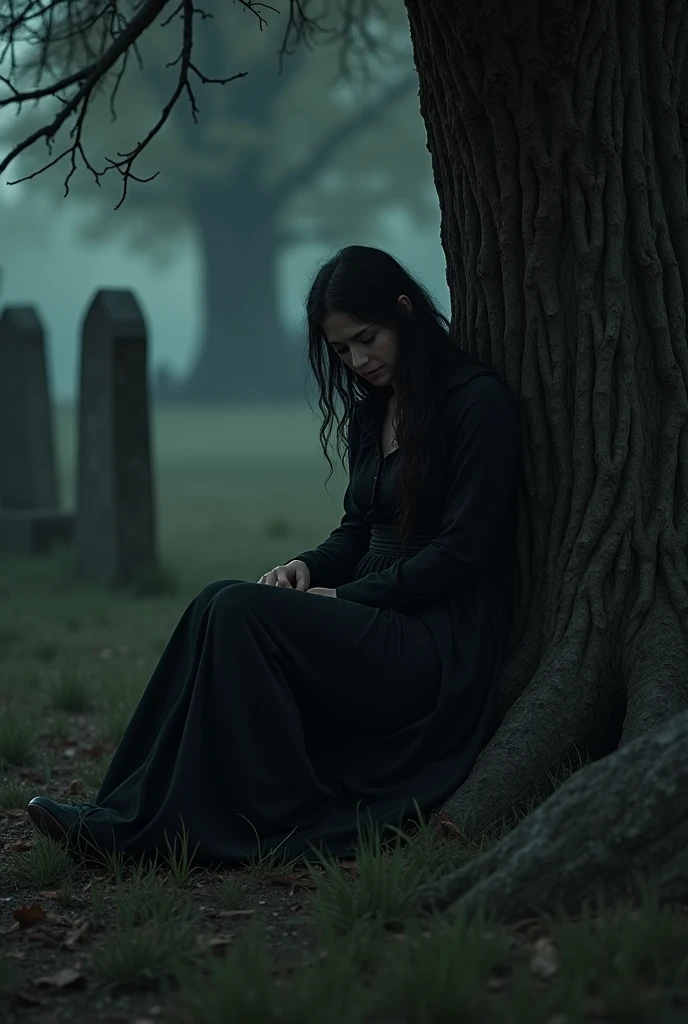 Western woman dressed in black sitting on the ground leaning against the catatunba in the cemetery at night