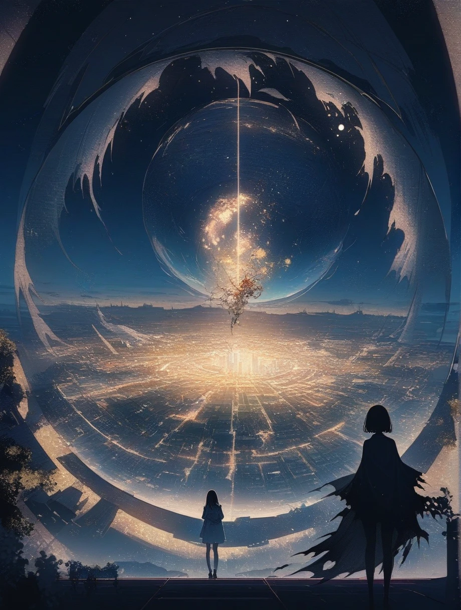 score_9, score_8_wonderful, score_7_wonderful, score_anime, masterpiece, Highest quality, Delicate illustrations, Sharp lines, Sharp focus, break, a traveling girl wandering in the endless night world, The girl is covering her body and face with a cloak、There are a lot of things in the backpack。, night , wonderful風景, Beautiful views, Harmony with Nature, wonderful景色, Space City, (((Torn Cloak))),