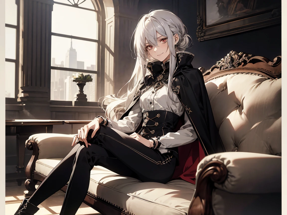 (Confused, High resolution, Very detailed), 1 female, Silver Hair,Long Hair,Knot,Hair tied at the nape,Crimson Eyes,Black and white clothes,Age 2,beauty,mature,Mature,thin,quiet,Small smile,Cape,Slender and thin,boots,skinny pants,Sitting on the couch,lobby,Small breasts,Small waist

