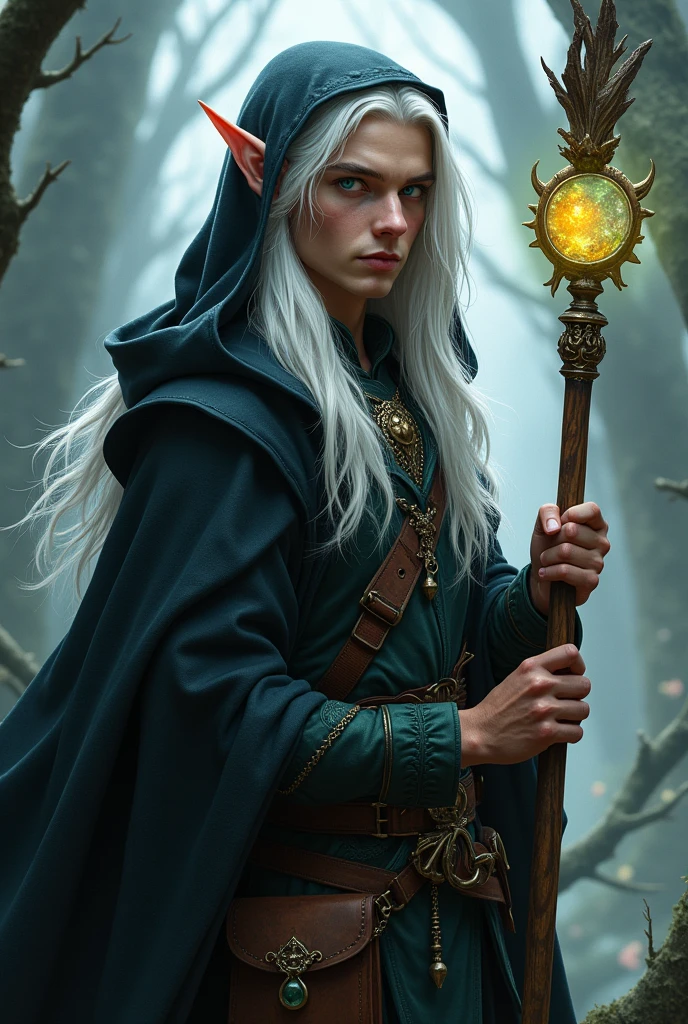 Elf man 25 years with white long hair. On the front side his hair we see little black streak. One of his eye was blue, second was yellow. He wear black coat with hood. He have wooden staff with magic rock and beld bag.