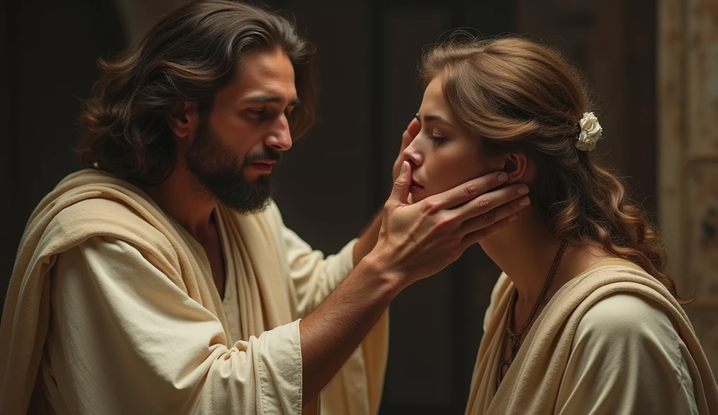 jesus (Jonathan Roumie) Helping a person remove a mask from their face
