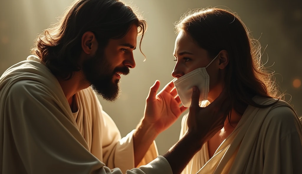 jesus (Jonathan Roumie) Helping a person remove a mask from their face