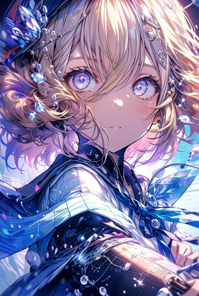 One girl, High-resolution model, Blonde, Purple Eyes,water droplets,Starlight,Sailor suit,