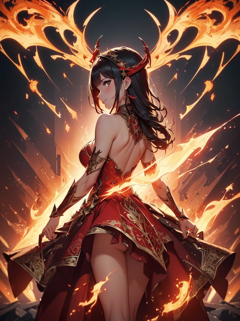 (((best quality, sharp image, clear image, cinematic lighting, 8k resolution, masterpiece, ultra detailed, intricate))) Girl, sorcerer, cute, intricate dress, smiling, fiery red, ((intricate background)), (rune frame), dimension, ((shot from behind)), fire sigils, chaotic background, ((half-body shot))