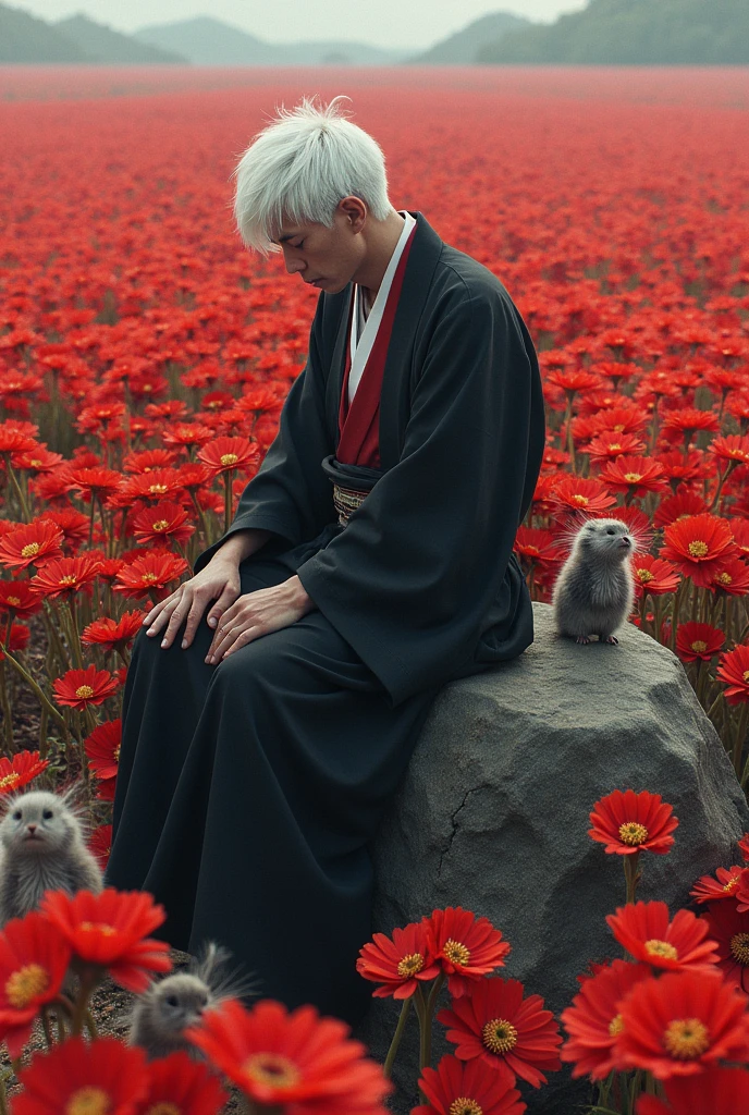 On the field full of red flower there is sad looking man with white hair wearing black white and red traditional Japanese outfit sit on top of the rock and there is some of mole looking at him