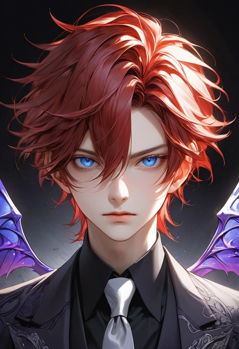 The image is a highly detailed, ultrarealistic manga-style portrait of a androgynous young man with an malicious and enigmatic appearance. He has shoulder-length, wavy, and smooth red hair that frames his face with an almost maleficent look. His striking blue eyes are sharp and captivating, adding to his mysterious aura. He is dressed in a formal attire that features subtle yet elegant detailing, now rendered in a rich tone of purple with gentle hues and shadows that enhance the depth of the fabric. The suit is complemented by a neutral-colored tie that blends seamlessly with the overall ensemble. The background is dark, providing a stark contrast that draws attention to the young man and accentuates the dramatic lighting, which carefully illuminates the contours of his face and attire. The overall composition combines the meticulous detail typical of ultrarealism with the stylistic flair of comic book, resulting in a captivating and visually striking portrait. fashion phot