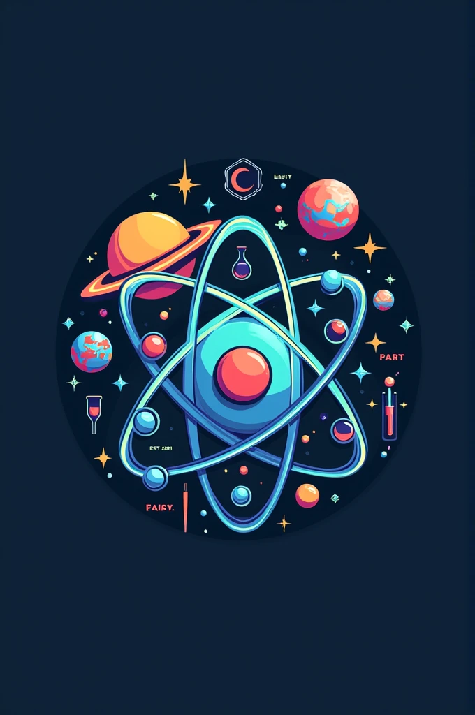 A logo for club named Atomic Quester and  . let me explain about the club so its a science as there is a atomic word in its name too and another is quester that means we are establishing a club which will question the problem of science field faced by students teachers as a whole education system from thé atomic level means from the root level. So the logo must contain the club name and is establish date which is 2081 as EST. 2081 . Use a model of hydrogen atom to make the base of the logo and add details science things like a saturn planet some testubes  some stars and so on