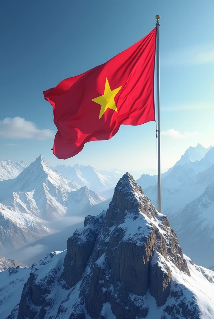 The red flag with yellow star of Vietnam flies heroically on the peak of glory
