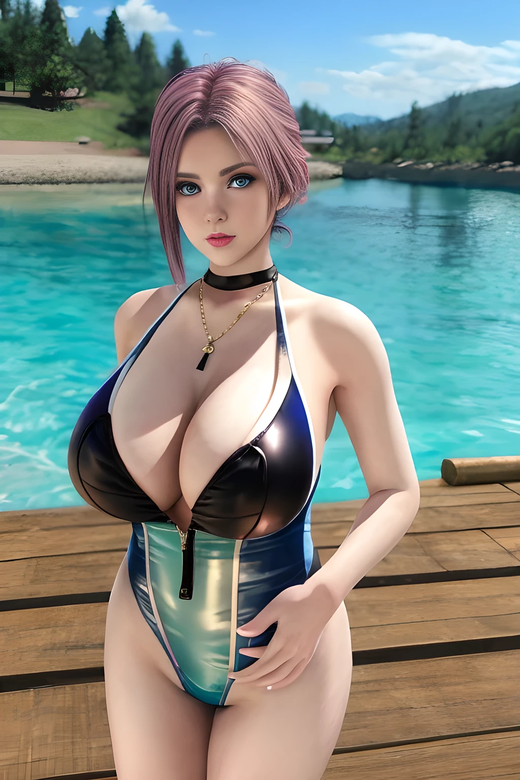 1girl ,BREAK ( fashionable Fishingnet swimsuit:1.3), the upper part of her swimsuit is white with black edges and designed into a cross-V-neck style. The lower part is black, showing a pleated design and the skirt is slightly flared. The overall style looks sexy and fashionable. ,, huge breasts,mature women, (masterpiece), best quality,elise