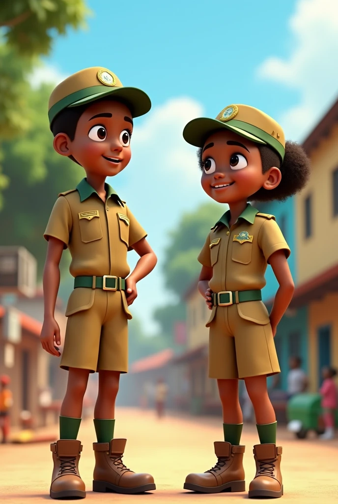 A girl and a boy NYSC corper in Nigeria animated. Have them look animated. Let them wear the khaki uniform of green polo. NYSC shirt boots and cap. 