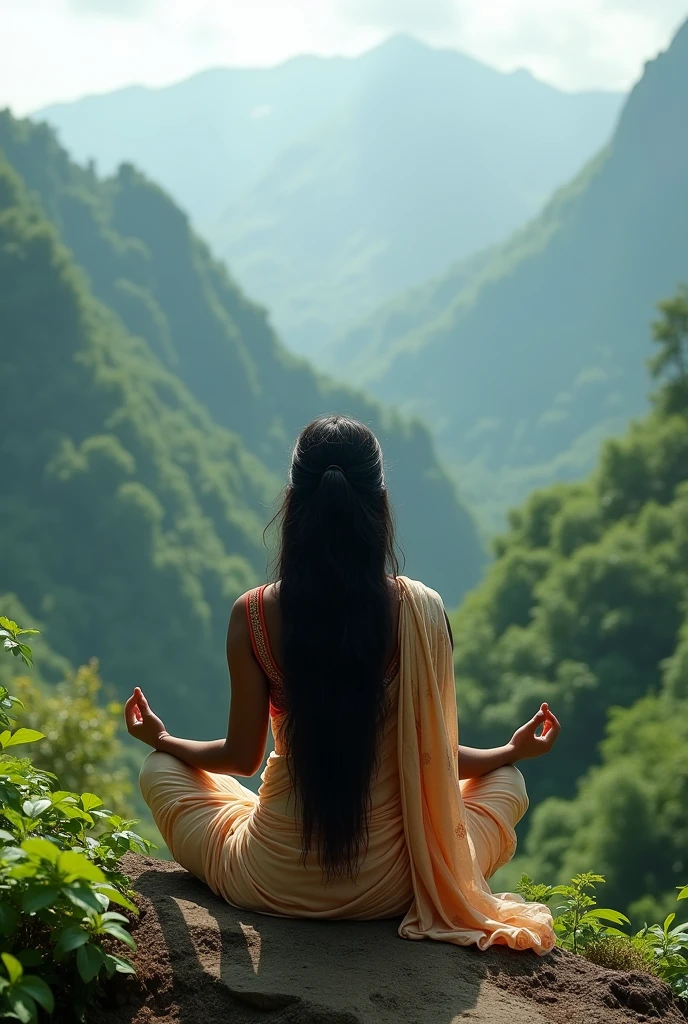 Indian goddess, sitting in meditation, seen from behind, lush green mountain landscape, in saree with blouse, loose hair, long shot