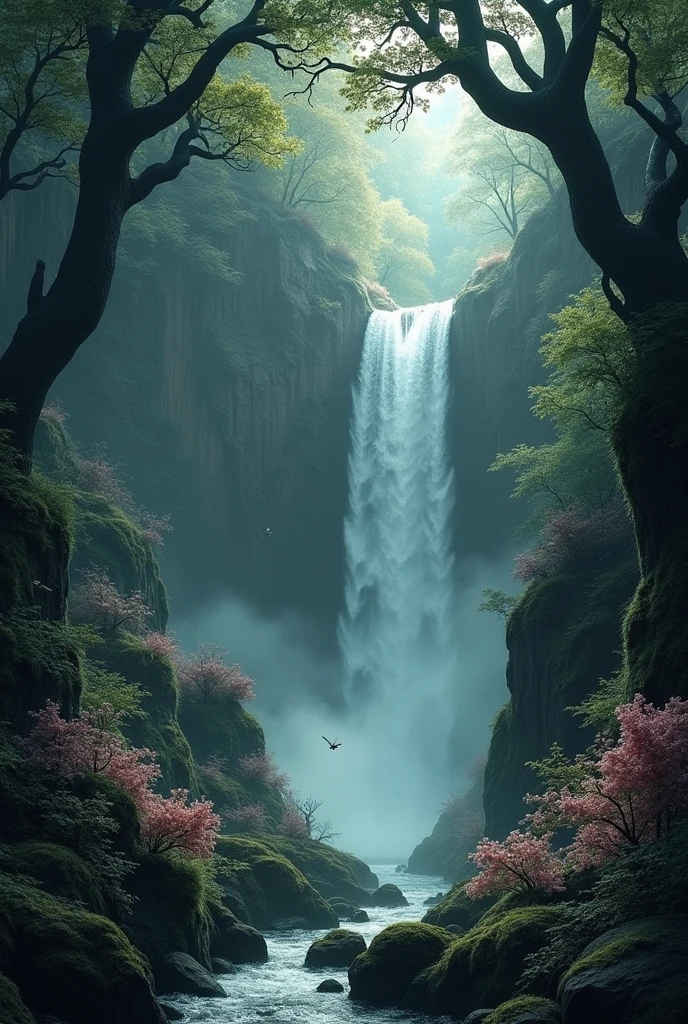 a dark themed beautiful garden with waterfall