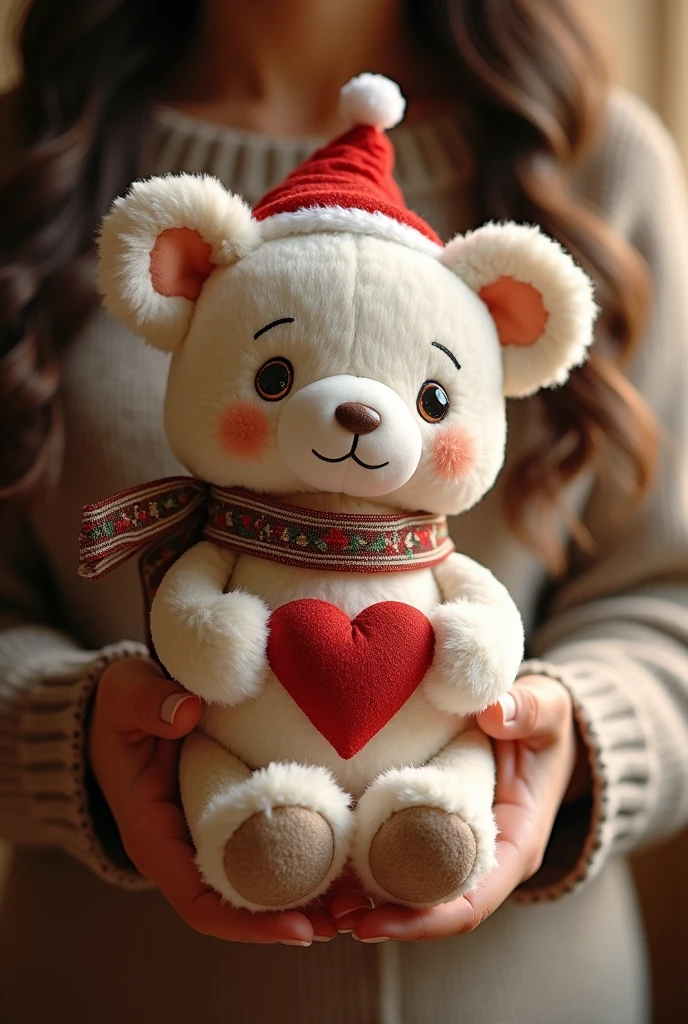 Create a realistic Christmas stuffed animal, a unique creation that conveys love and tenderness, that is available for sale.