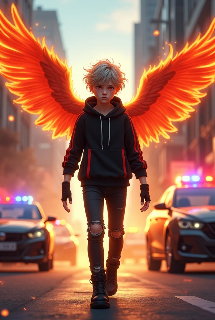 ((Hair: Grayish blonde, short-curly styled)), ((Appearance: Fair-Skinned boy, around 160cm's height, lean)), ((Eyes: Bright Scarlet-red)), ((Clothes: Black long-sleeved hoodie with red stripes)), ((Under clothes: Black ripped jeans and black boots)), ((Face: Cute, young ager of 16 years-old)), ((Action: Walking in the middle of the city's streets)), ((Accessories: Black fingerless glove's)), ((Facial Expression: Angry, cute, soft blush)), ((City: Modern stiled)), ((Location: city, surrounded by police helicopters and cars, that are on fire)), ((Behind: A pair of flaming phoenix wings)), ((Top: A halo of light behind his head)),