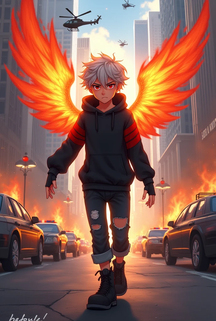 ((Hair: Grayish blonde, short-curly styled)), ((Appearance: Fair-Skinned boy, around 160cm's height, lean)), ((Eyes: Bright Scarlet-red)), ((Clothes: Black long-sleeved hoodie with red stripes)), ((Under clothes: Black ripped jeans and black boots)), ((Face: Cute, young ager of 16 years-old)), ((Action: Walking in the middle of the city's streets)), ((Accessories: Black fingerless glove's)), ((Facial Expression: Angry, cute, soft blush)), ((City: Modern stiled)), ((Location: city, surrounded by police helicopters and cars, that are on fire)), ((Behind: A pair of flaming phoenix wings)), ((Top: A halo of light behind his head)),