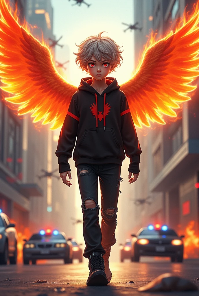 ((Hair: Grayish blonde, short-curly styled)), ((Appearance: Fair-Skinned boy, around 160cm's height, lean)), ((Eyes: Bright Scarlet-red)), ((Clothes: Black long-sleeved hoodie with red stripes)), ((Under clothes: Black ripped jeans and black boots)), ((Face: Cute, young teenager of 16 years-old)), ((Action: Walking in the middle of the city's streets)), ((Accessories: Black fingerless glove's)), ((Facial Expression: Angry, cute, soft blush)), ((City: Modern stiled)), ((Location: city, surrounded by police helicopters and cars, that are on fire)), ((Behind: A pair of flaming phoenix wings)), ((Top: A halo of light behind his head)),