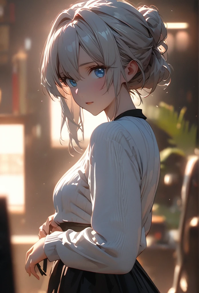  (White hair, chignon hair, light blue eyes, sweater green, black skirt, garter stockings) 1 woman, hair up, happy, tired, high detail, violet evergarden hair, conceptual art, super detail, high details, high quality, best quality, blue eyes, white hair, pretty, tall, emotionless, ((femenine)), ((male face)), handsome, solo, looking at viewer, light, 1girl elf, 4k quality,cinematic lighting, ray tracing, depth of field, cinematic lighting, ray tracing, UHD, high details, best quality, highres, high quality, award winning, super detail, masterpiece, 8k, UHD, high details, best quality, highres, high quality, award winning, super detail, masterpiece, 8k, digital art, anime coloring, full body, body shot, good face, perfect face, detailed face, good eyes, lab background, science lab,