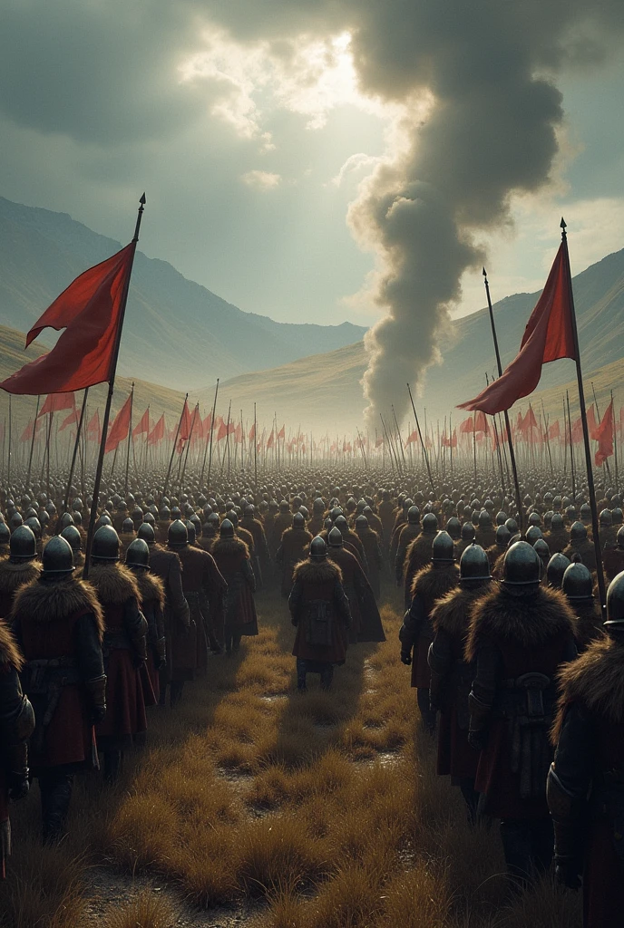 Create an image of two medieval armies with more than 10 thousand men, one is spata's army and the other is the vikings army