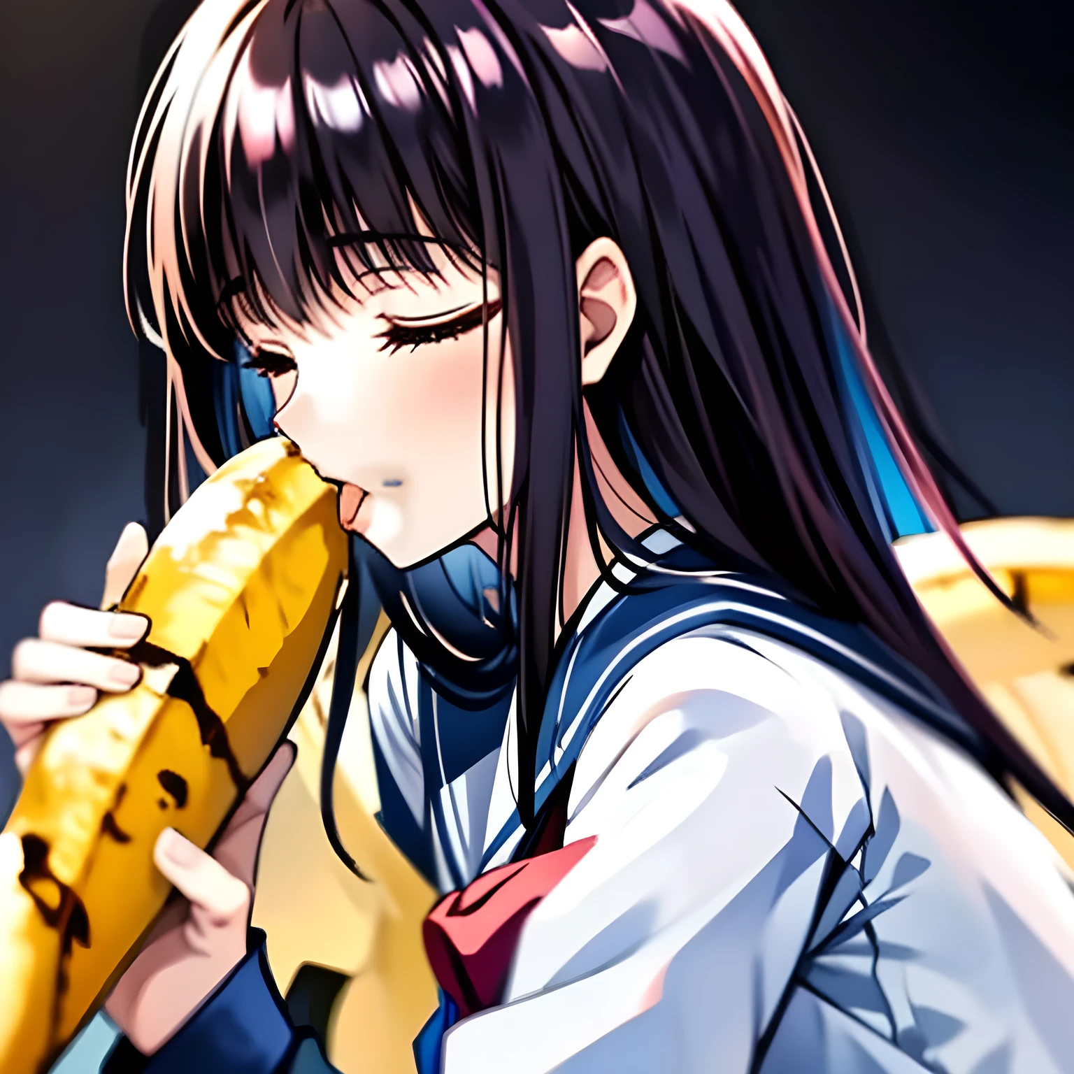 （highest quality, masterpiece, high resolution, high detail), Solo girl, Solo thin long banana from the bottom, A female wearing black school uniform is kissing at the top of a long banana with her tongue with her face down, Face down, (Black school uniform: 1.0), Glossy atmosphere, Glossy look, Beautiful straight blue long hair, Closed eyes with long eye-blows, (Female kisses deeply the banana with tongue, covers it, holds it and looks at it), (The lips are touch the banana tightly), (Shot from the side), (Nothing on the black background)