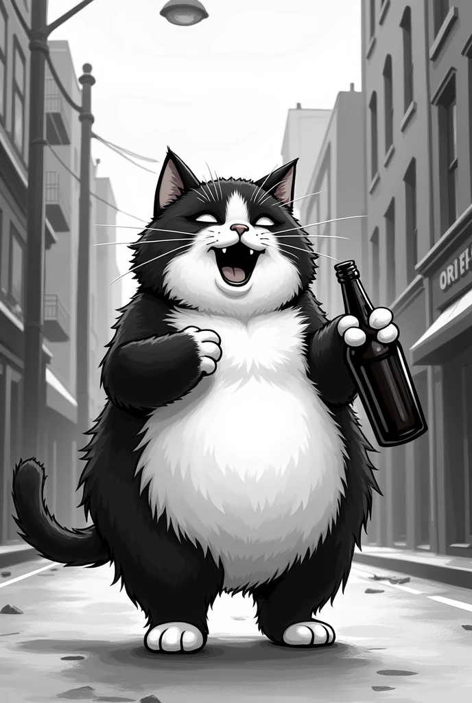 A black and white chubby cat with a bottle of alcohol is happily walking down the street drunkenly singing music