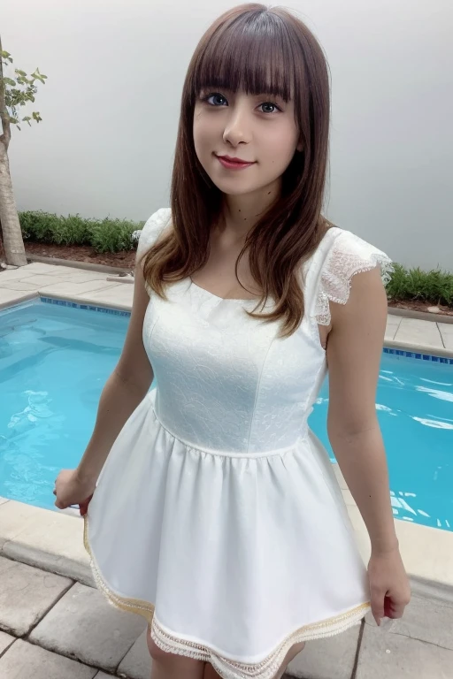 One girl, Beautiful woman, White dress green, skinny, Perfect body, Golden Hair, Standing in the pool room during the day, Highly detailed face, Beautiful Eyes, Beautiful Lips, double eyelid, A shy smile, Shorn bangs, Sunburned skin, Pubic Hair Tips, (Highest quality, 8k, masterpiece:1.3), front and full body shot, Pussy Line, Positive, Open legs pubic hair