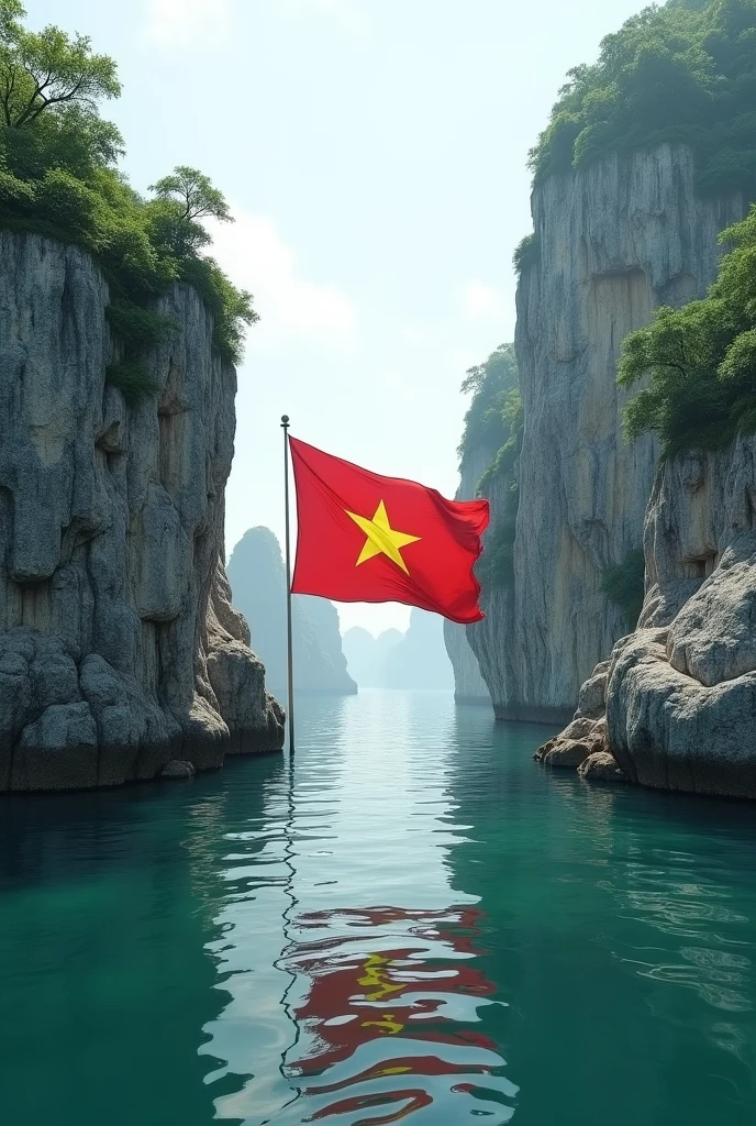 Two rocks in Ha Long Bay hang the Vietnamese flag