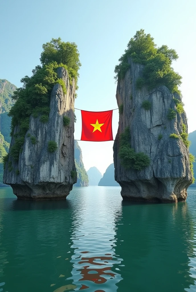 Two rocks in Ha Long Bay hang the Vietnamese flag