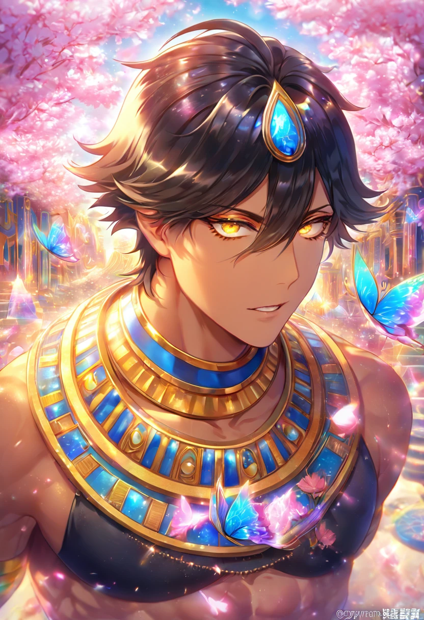 High resolution, ultra detailed, high quality, absurd resolution, HDR, best quality, master piece, detailed eyes, delicated features, tanned skin, Ozymandias, black hair, expressive yellow eyes, Fate Grand Order, solo, sexy man, handsome, sensual, adult face, white cape, black sleeveless choli, fantasy, magical, pink flowers, pink glittering butterflies, cherry blossoms, pink water, particles, crystal light