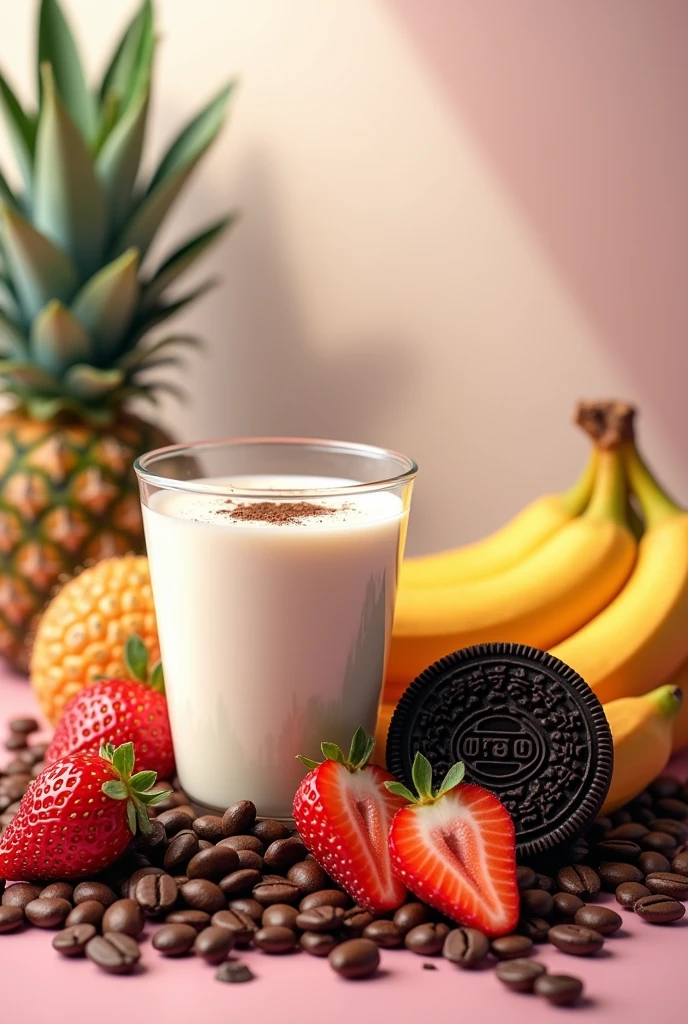 I want a background to design my ad banner that includes Oreo chocolate, coffee, milk, strawberry and tropical fruits, a little less pronounced so that the letters that I will place a little more pronounced, the coffee beans, can be noticed.