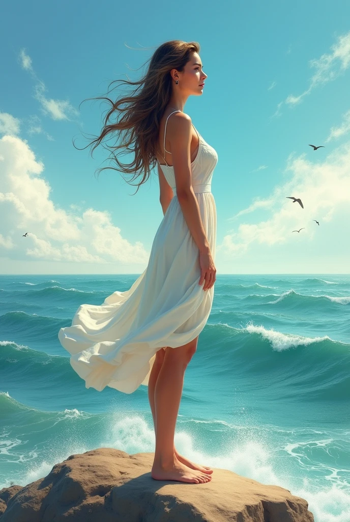 Happy and independent woman facing in the sea